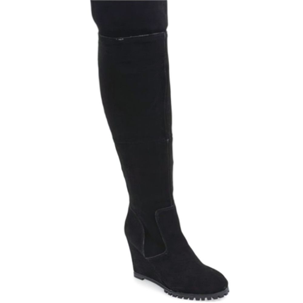 Steve Madden Willful black suede knee high stretch wedge heel boots womens 7.5